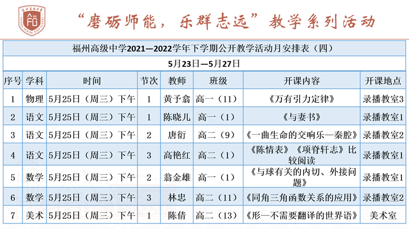 福州高级中学2021—2022学年下学期校级公开教学活动月安排表（四）